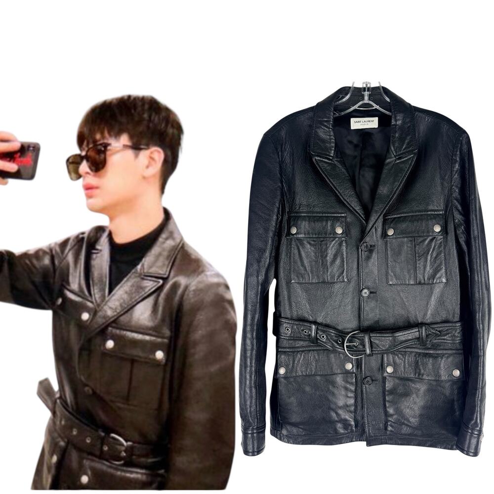 Saint Laurent Saharienne Lambskin Leather Belted Jacket K-Pop Black Mens Size 48